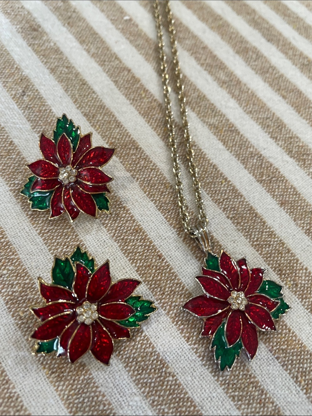 VINTAGE Festive Red Poinsettia Necklace and Earring Set